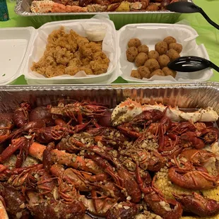 king crab leg, snow crab legs, crawfish, fried calamari &amp; hush puppies