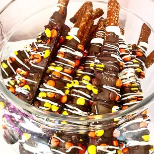 chocolate covered pretzels in a bowl