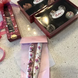 Ruby's chocolates was a great success for Galentine's Party! (from left clockwise: buckeye's, truffle, &amp; pretzel sticks)