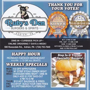 Voted 2nd best burgers in Armstrong county. If you haven't been here yet, please come on in and check us out.