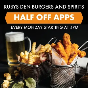 Come join us for happy hour every Monday, Tuesday and Wednesday. 

Monday is 1/2 off appetizers.