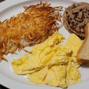 eggs, hash browns, hash browns and toast