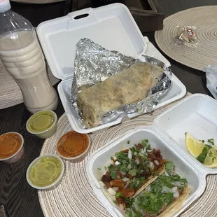 California burrito and taco de carnitas and Al pastor