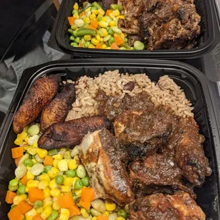 Jerk chicken, mixed veggies, rice, and plantains