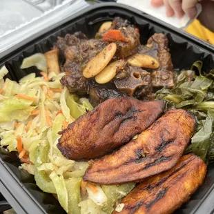 Oxtail:  cabbage, collard Greens, fried plantains