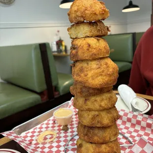a stack of fried donuts