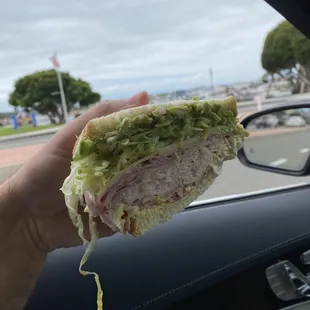 a hand holding a cut in half sandwich