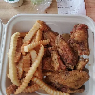 Honey garlic pepper wings and fries. Celery and Ranch.