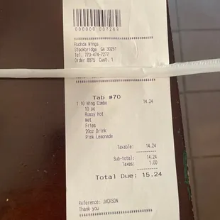  a receipt for a restaurant