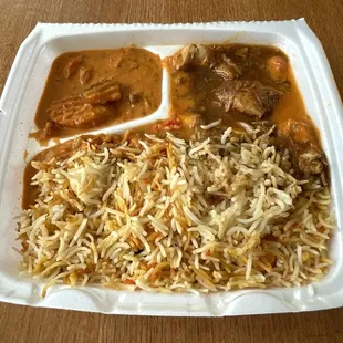 Box Lunch - (Vegetable Kurma, Boneless Chicken Curry and Biryani Rice (Naan Included But Not Shown)