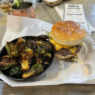 Classic burger and Brussel sprouts