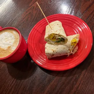 Their seasonal apple pie latte and Cali breakfast wrap.