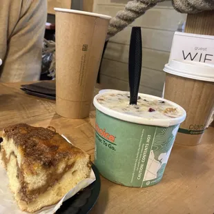 Pumpkin coffee cake and apple cinnamon oatmeal