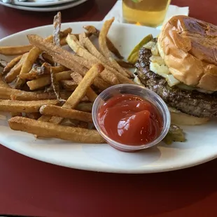Spicy burger with fresh cut fries. Very good. First time eating there everything hot tasted yummy. I will be back.