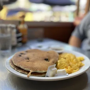 Nieces Blueberry Pancakes and Scrambled Eggs