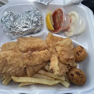 Catfish boat: includes fries, hush puppies, corn on the cob, and coleslaw.