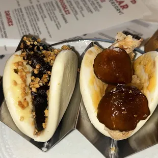 Umami Bomb Shiitake Bao (left), Habanero Mayo Chicken Bao (right)