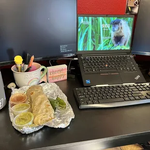 Uber eats as work from home. Potato Breakfast Burrito is always a good choice with @2oz Guac and grilled jalapeños.
