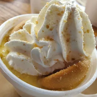 shows a cup of ice cream with whipped topping
