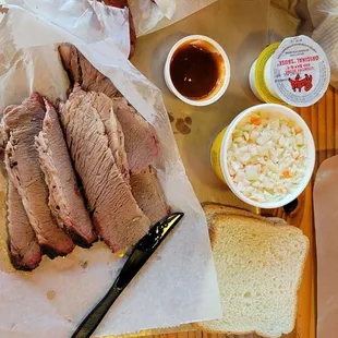 Brisket, jalapeño sausage, beans, coleslaw.