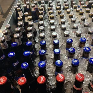 shows a conveyor belt full of bottles of beer