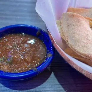 Chips served warm with a pretty spicy salsa. Once my tongue got past the first bite, I liked it .