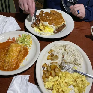 Pork tamale, biscuits and gravy, classic breakfast with pancakes
