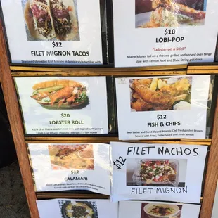 menus for different types of food