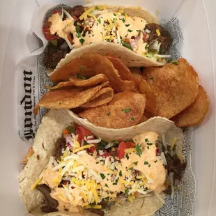 Filet Mignon Tacos- Filet Mignon, Cheese, Slaw, Pico, Red Pepper Aioli