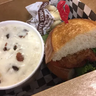 Half shrimp Po boy, clam chowder, and a soda $13