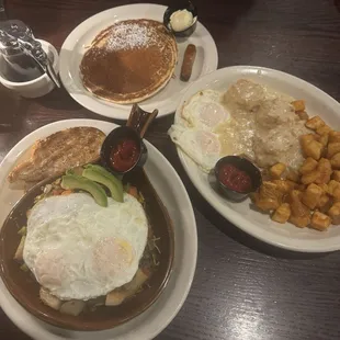 Biscuits and gravy, chorizo avocado skillet, and kids pancakes