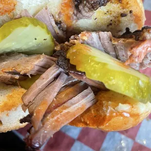 Beef Brisket sandwich with franks red hot and pickles!!!
