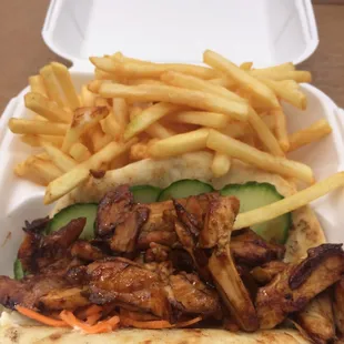 Korean BBQ chicken on pita with fries