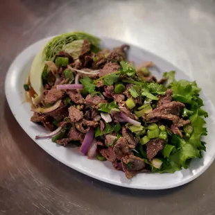 Nam Tok salad! (Pork or Beef recommended and vegetarian option with tofu is available)