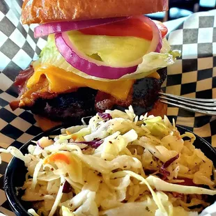 Bacon Cheddar Burger with Cole Slaw.