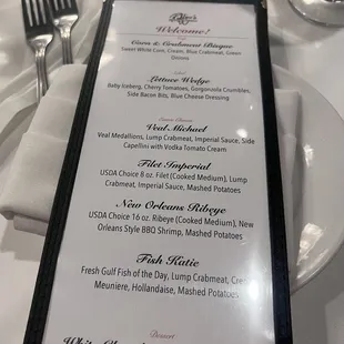 Group menu for the night