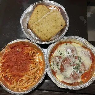 Linguini with eggplant parmigiana and garlic bread ($5)