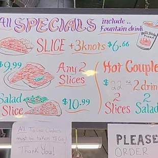 Prices for slice of pizza and salad.