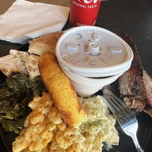 Ribs, chicken, pulled pork Sammy, Mac and cheese, greens, cornbread, potato salad and sauce!