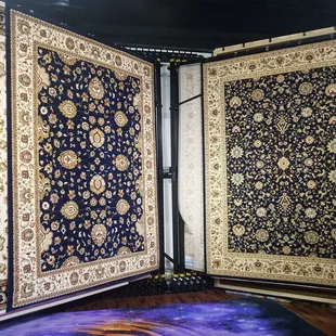 a close up of a blue area rug