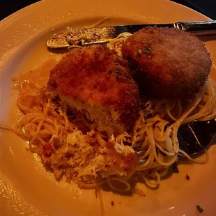 Amazing crab cakes over angel hair