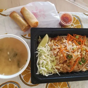 Chicken Pad Thai Lunch Special. Came with veggie egg rolls and soup.