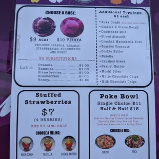 Menu - note how solid those acai and pitaya scoops are!