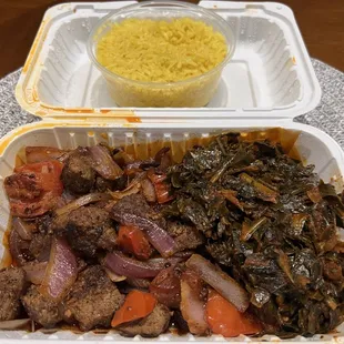 Sega Tibs (steak) Combo with gomen (collard greens) and turmeric basmati rice from their pop up at Sceptre Brewing Arts