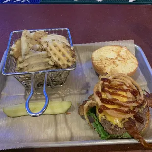 Bbq burger and waffle fries