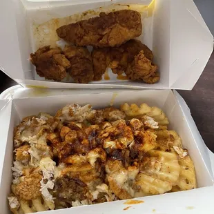 Fully loaded Fries and 2 chicken tenders