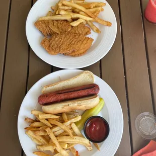 The hot dog and chicken tenders with fries.