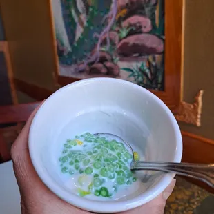 Thai Tapioca is complimentary with lunch specials. Green tapioca, coconut milk, and corn.