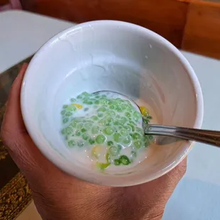 Thai Tapioca is complimentary with lunch specials. Green tapioca, coconut milk, and corn.