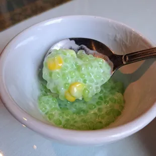 Thai Tapioca is complimentary with lunch specials. Green tapioca, coconut milk, and corn.